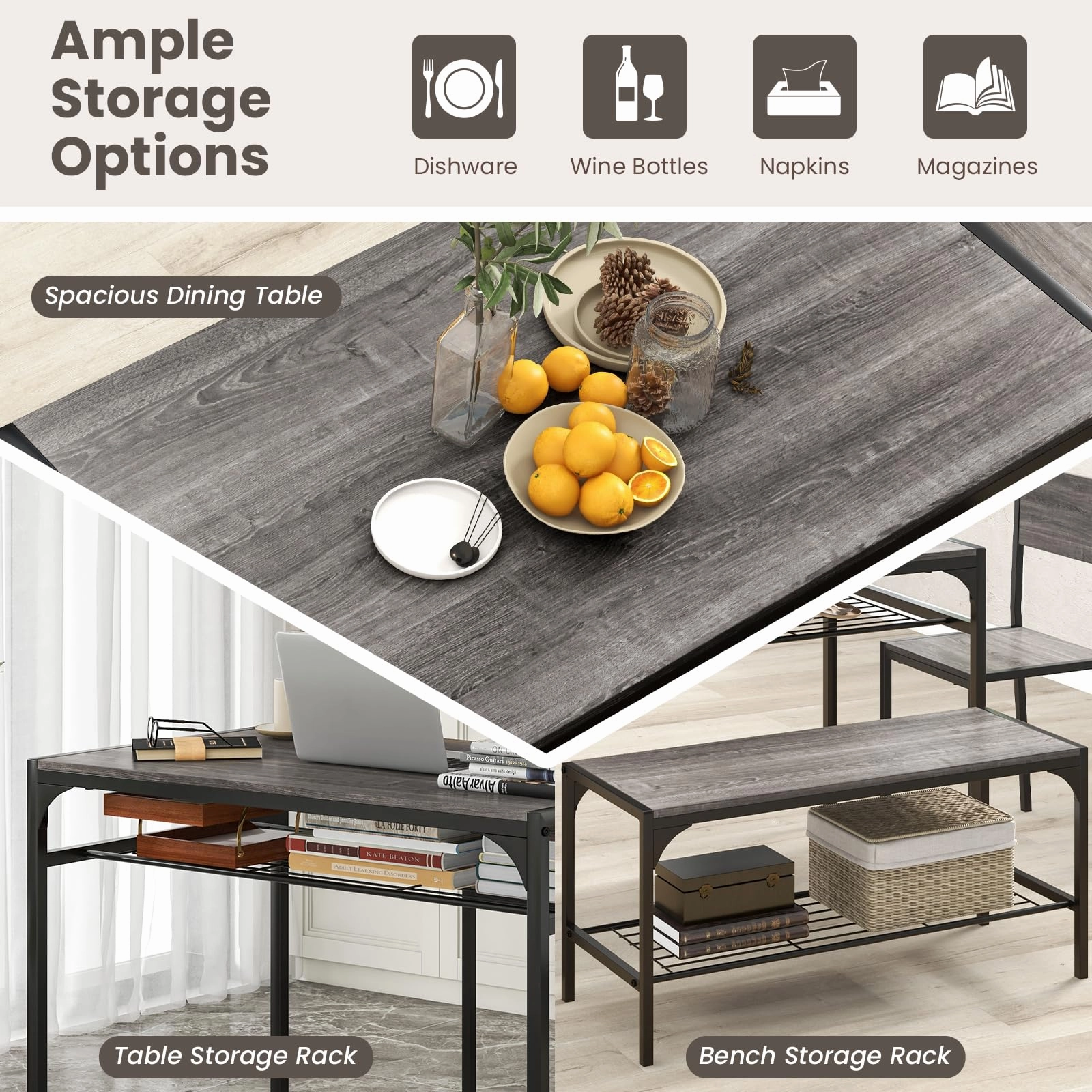 Giantex Dining Table Set for 4, Kitchen Table with Chairs & Bench, Storage Racks