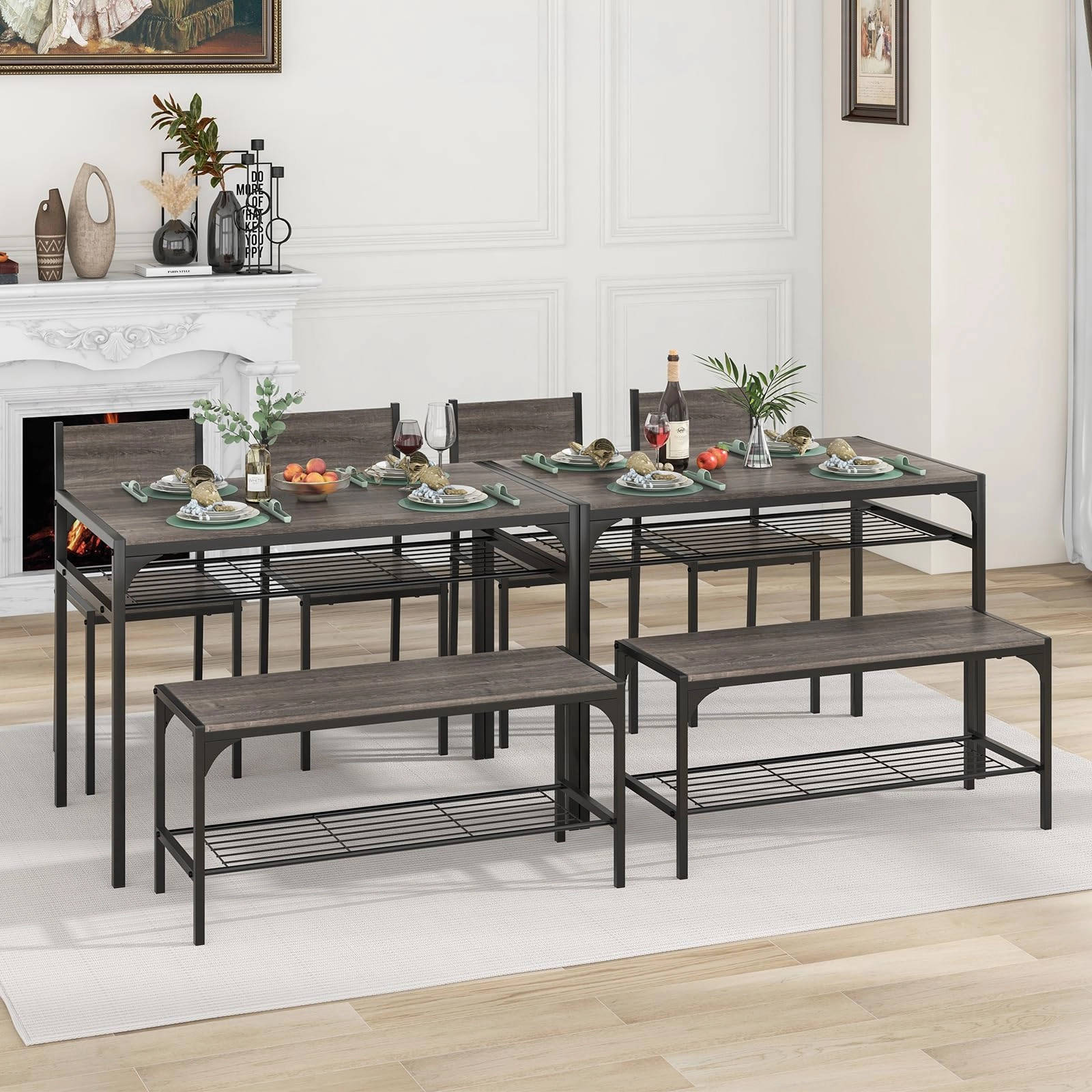 Giantex Dining Table Set for 4, Kitchen Table with Chairs & Bench, Storage Racks