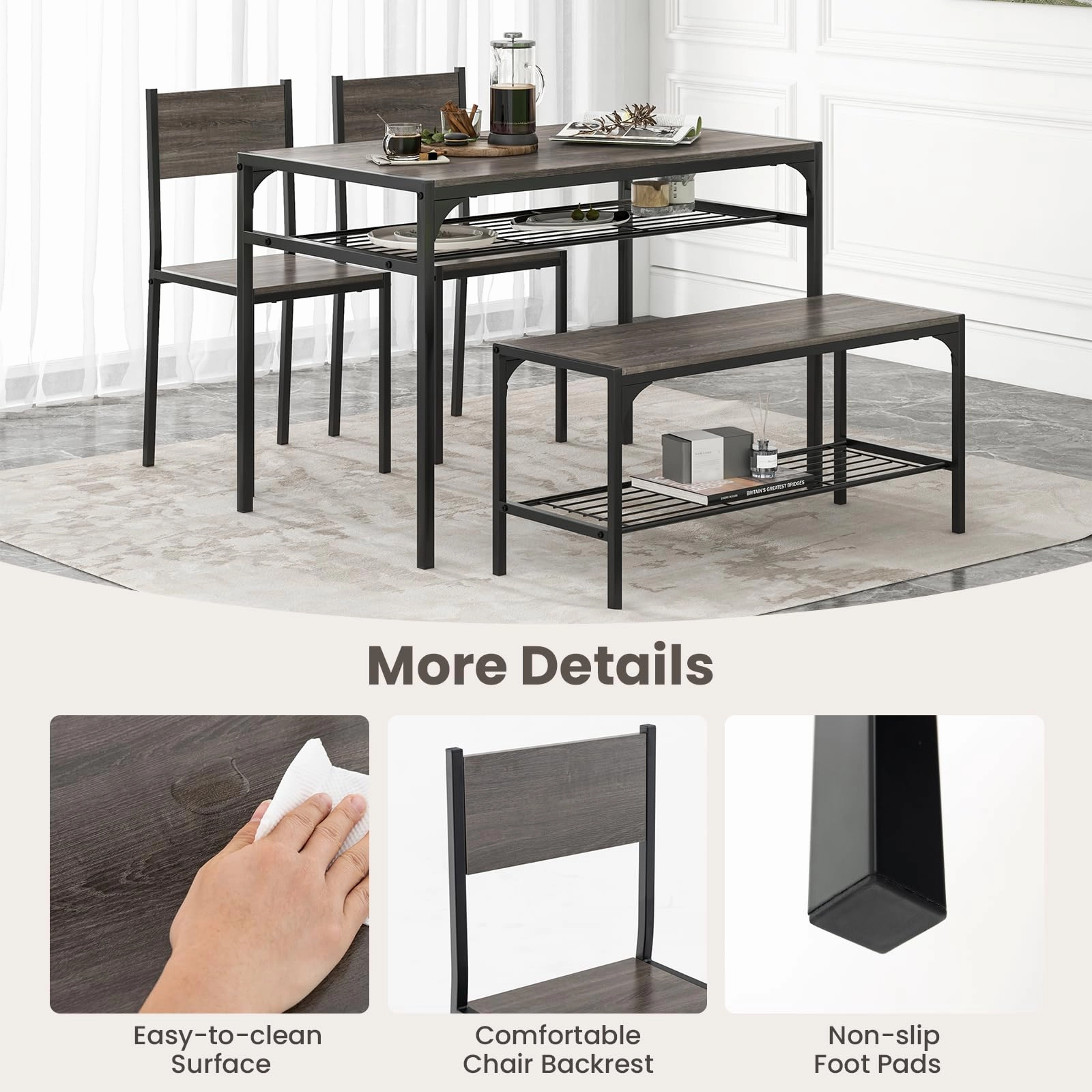 Giantex Dining Table Set for 4, Kitchen Table with Chairs & Bench, Storage Racks