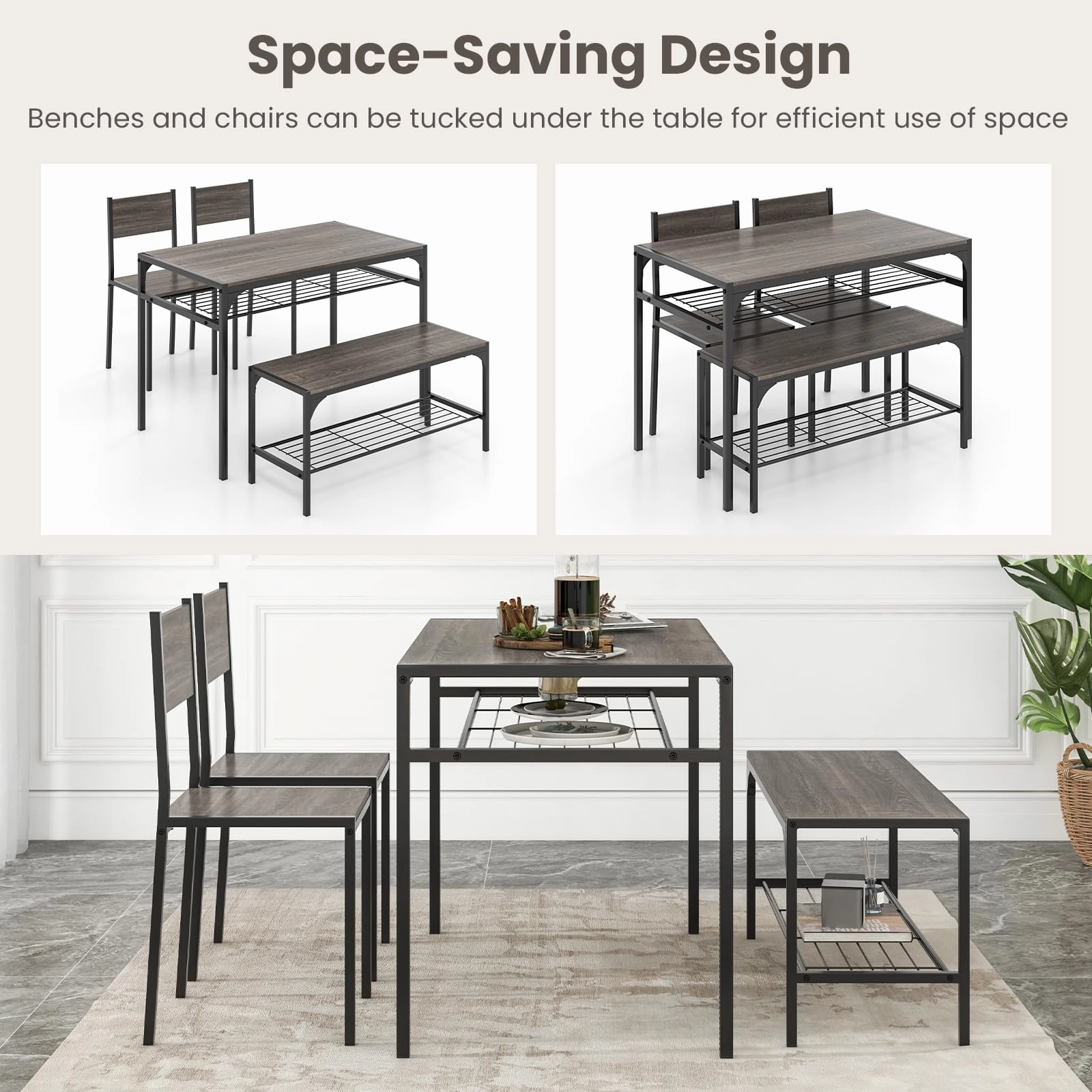 Giantex Dining Table Set for 4, Kitchen Table with Chairs & Bench, Storage Racks