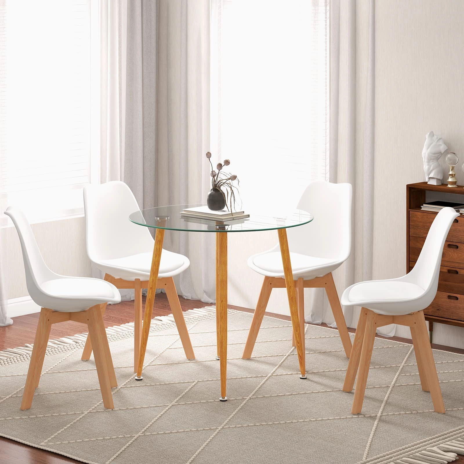 Giantex Dining Table Set for 4, Modern 5-Piece Dining Room Set w/ 1 Round Tempered Glass Table & 4 High Back Chairs