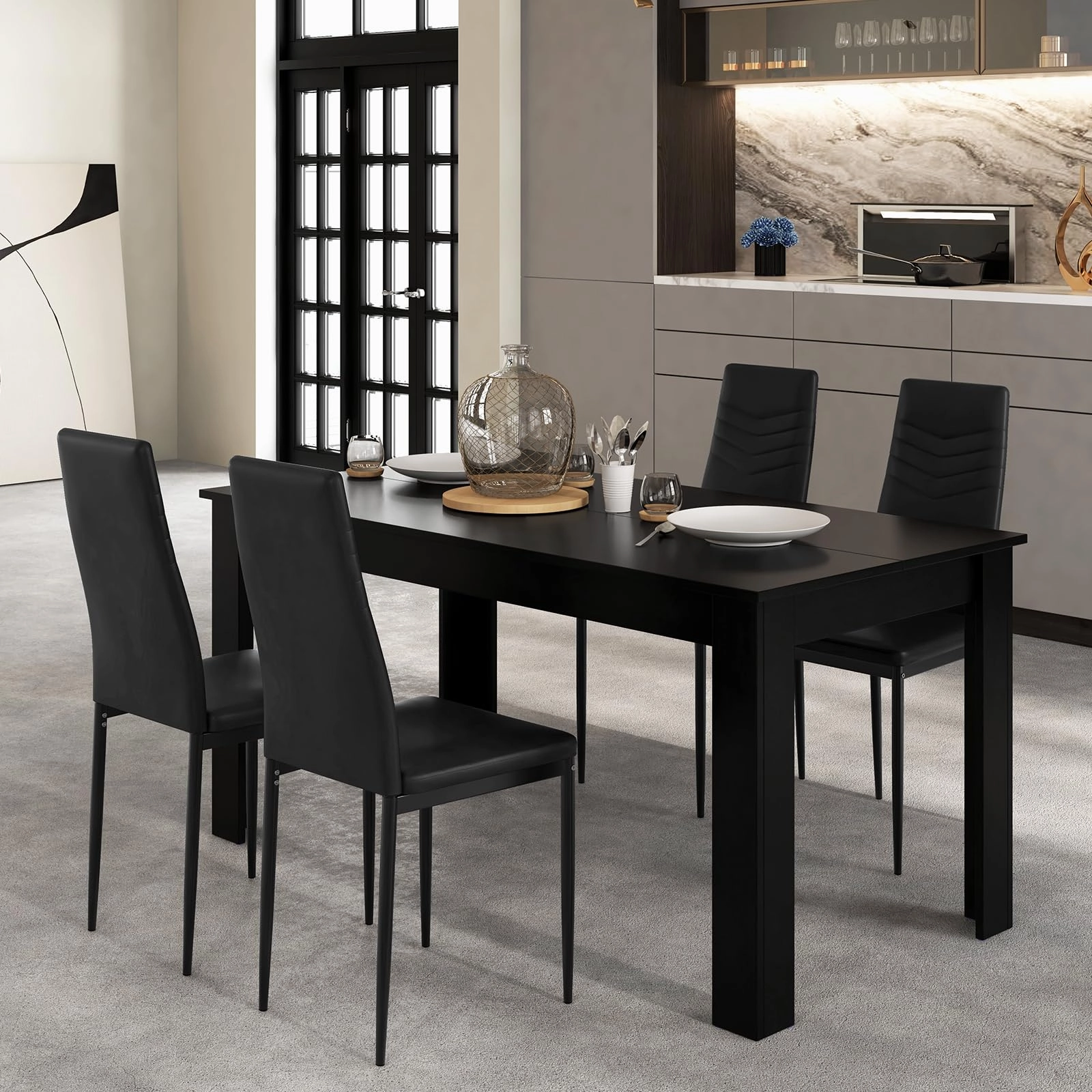 Giantex Dining Table Set for 4 or 8, Modern Rectangular Kitchen Table Set w/ PVC Leather Dining Chairs