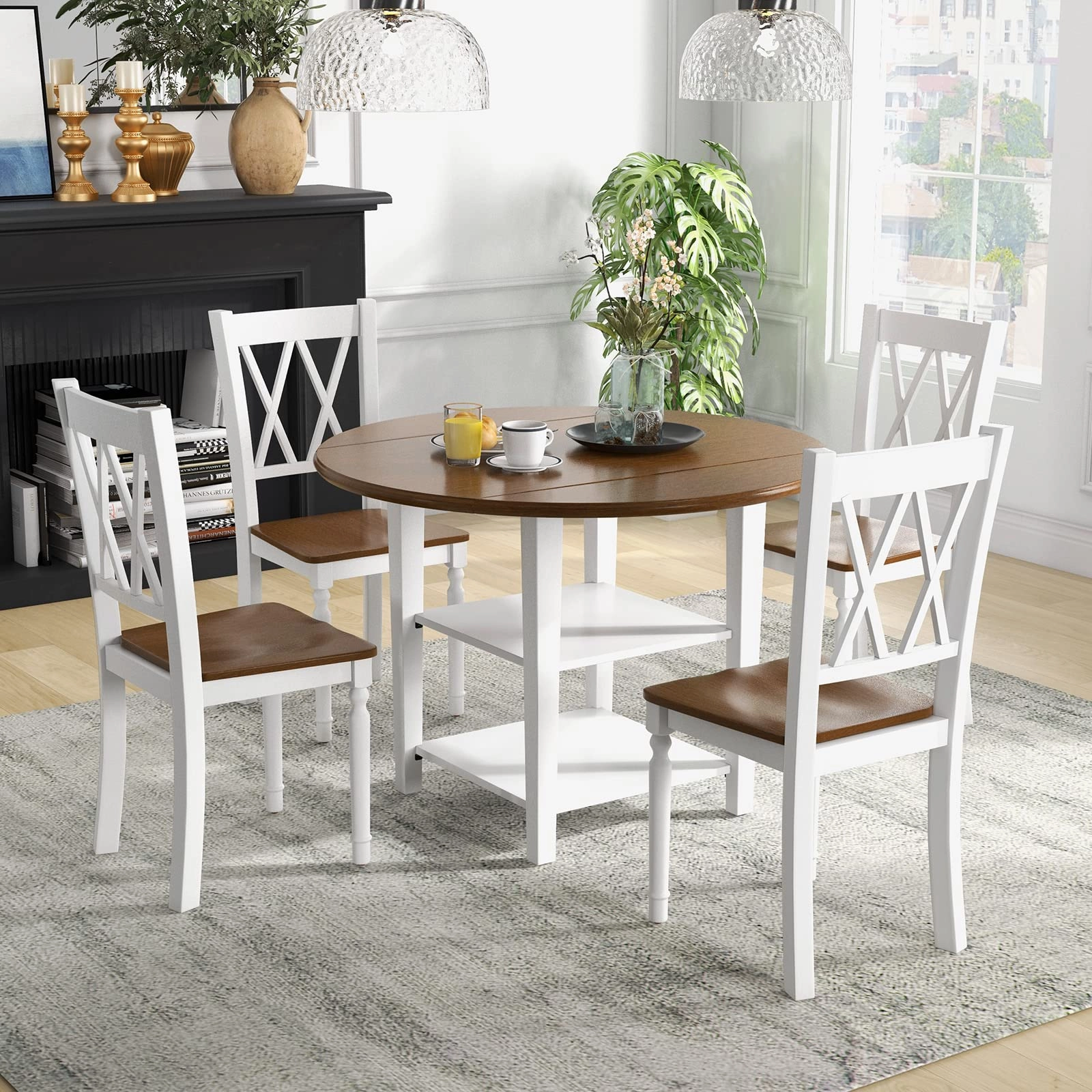 Giantex Dining Table Set for 4 w/Drop Leaf Round Kitchen Table & 4 Chairs, Dining Room Table w/Storage kitchen towel, placemats
