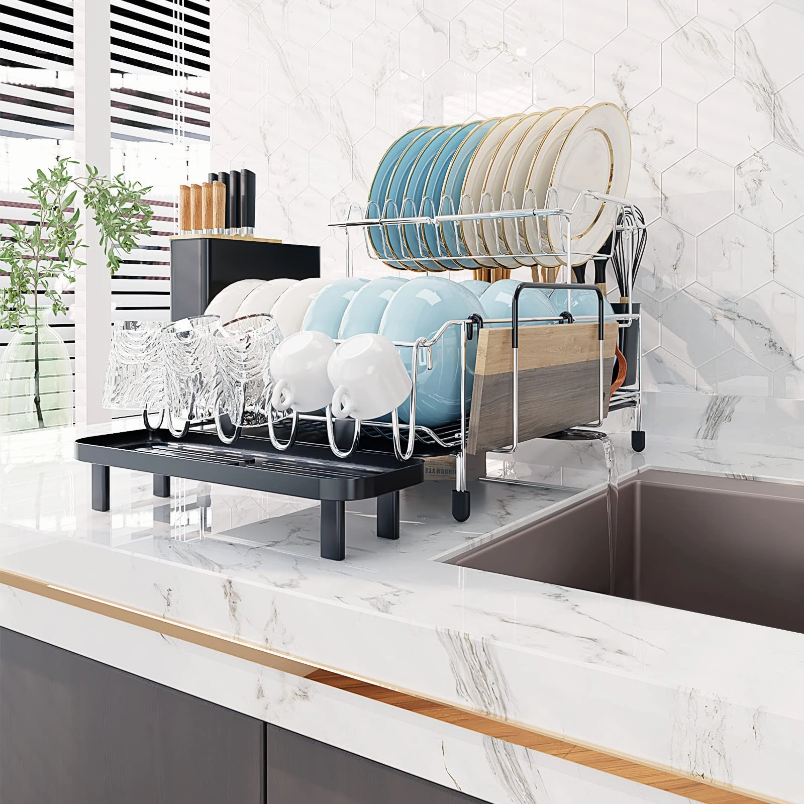 Giantex Dish Drying Rack, 2-Tier Dish Rack with Drainboard and Adjustable Swivel Spout