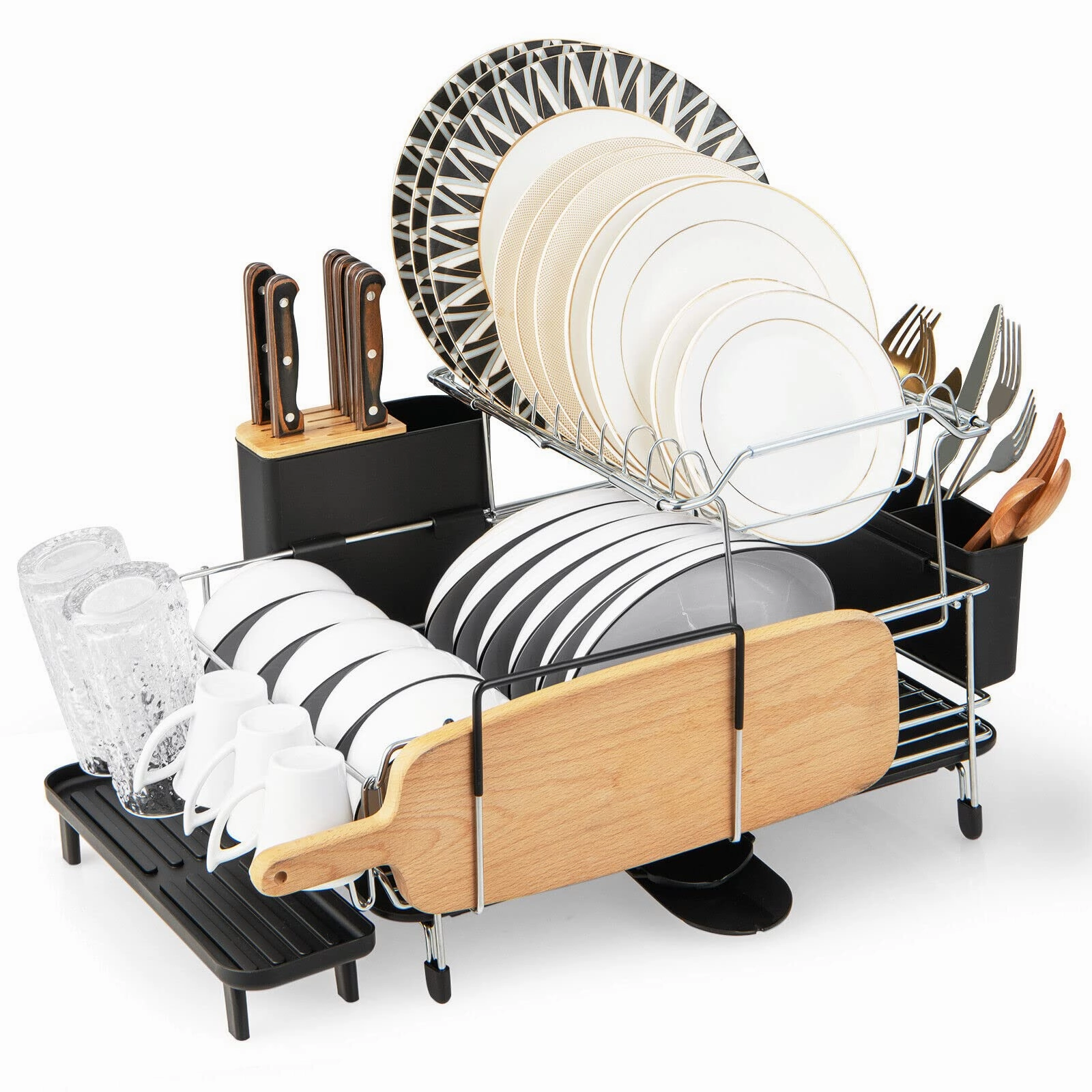 Giantex Dish Drying Rack, 2-Tier Dish Rack with Drainboard and Adjustable Swivel Spout kitchen towel, placemats