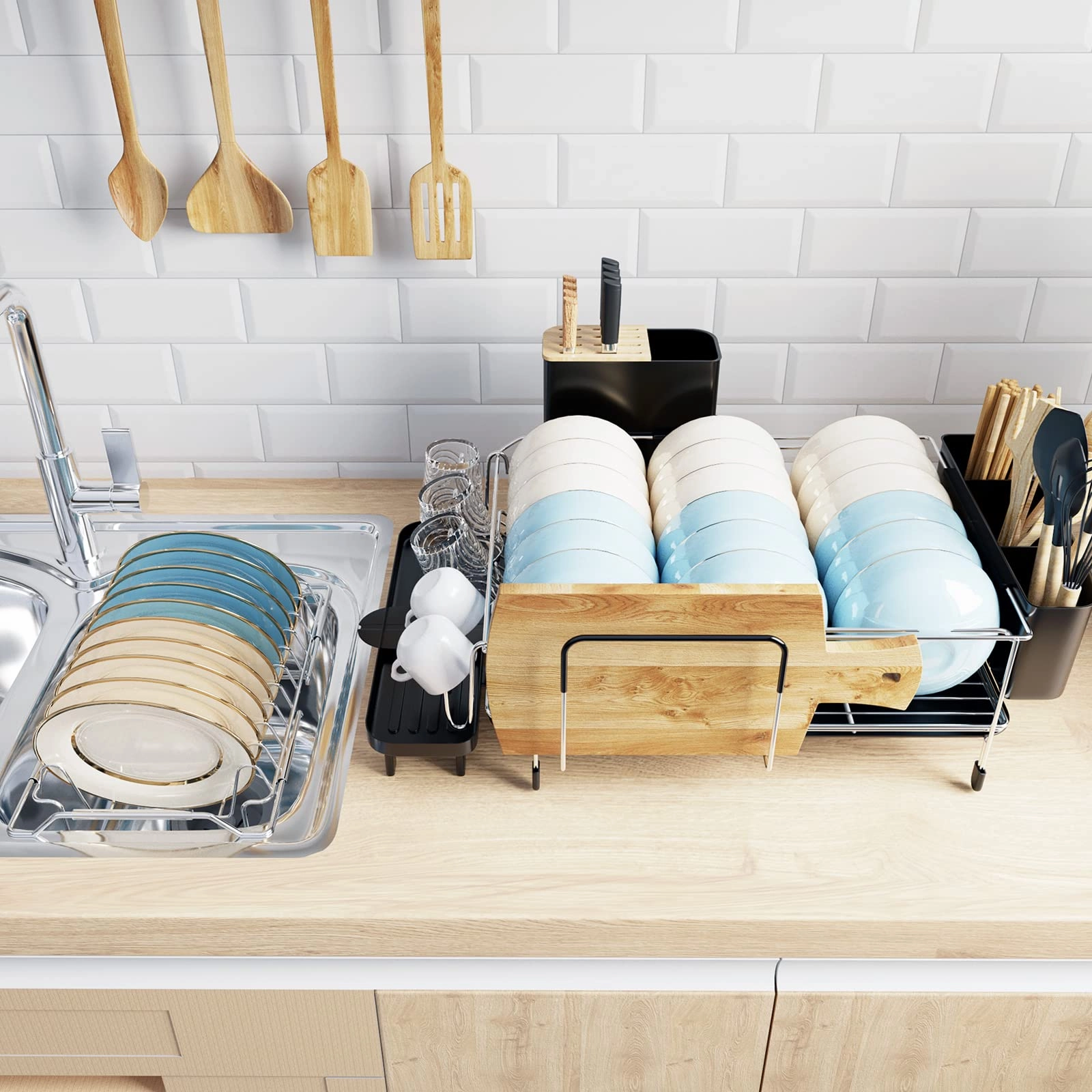 Giantex Dish Drying Rack, 2-Tier Dish Rack with Drainboard and Adjustable Swivel Spout