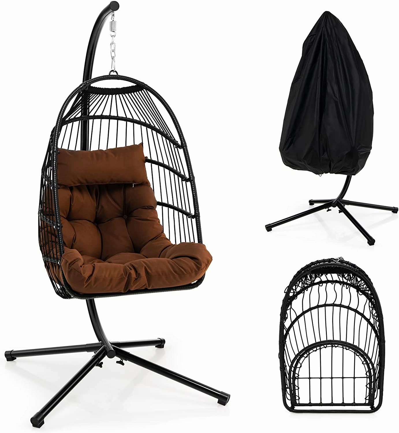 Giantex Egg Chair with Stand, Hanging Basket Chair Hammock Chair w/ Steel Stand Pillow Seat Cushion Rattan Basket & Dust Cover