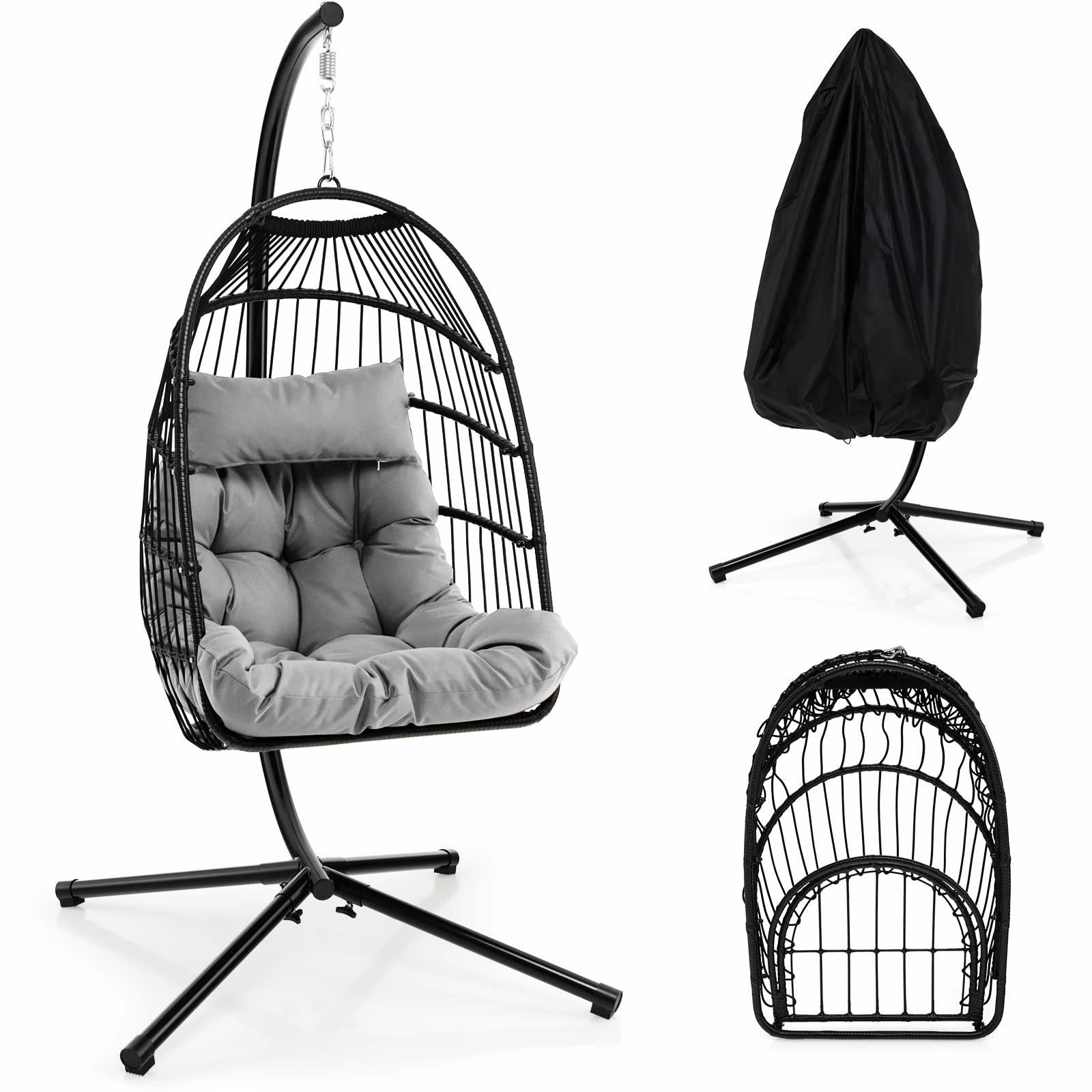 Giantex Egg Chair with Stand, Hanging Basket Chair Hammock Chair w/ Steel Stand Pillow Seat Cushion Rattan Basket & Dust Cover sectional sofa, corner couch