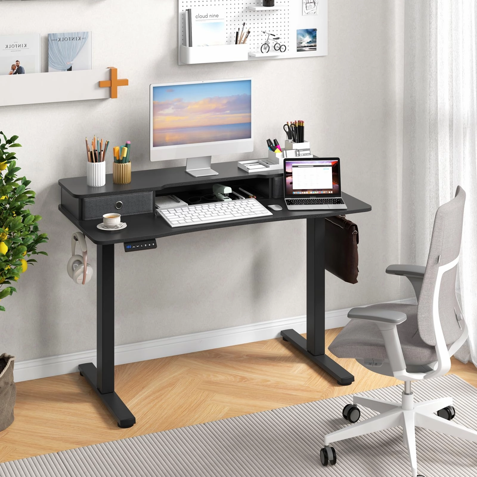 Giantex Electric Standing Desk with 2 Drawers, 48" /55"x 24" Height Adjustable Electric Stand Up Desk with Storage Shelf