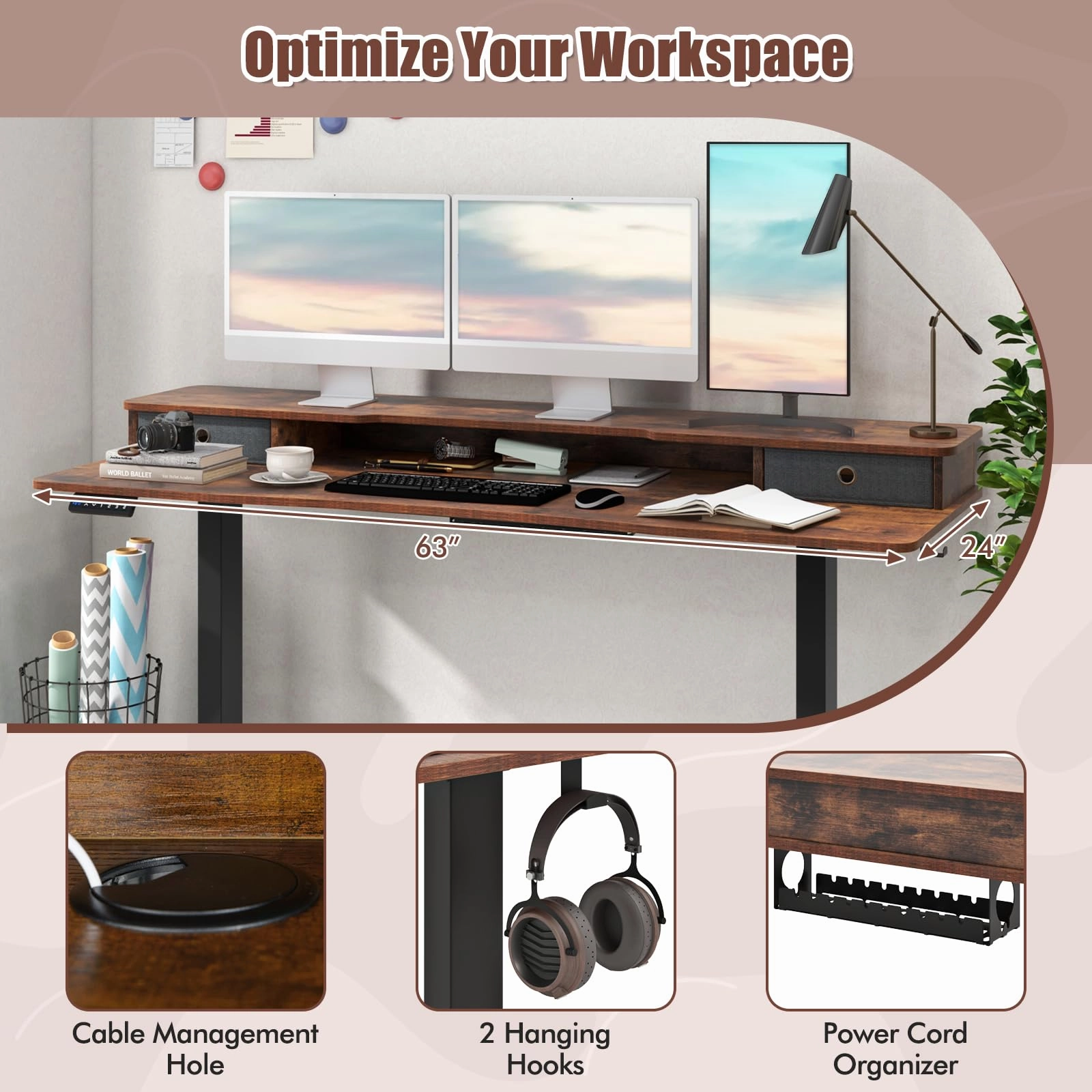 Giantex Electric Standing Desk with 2 Drawers, 63" x 24"