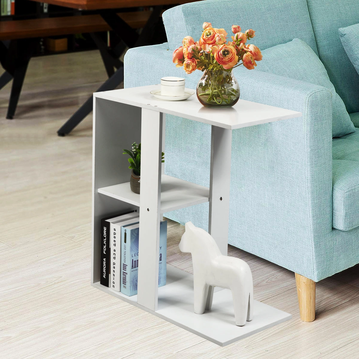 Giantex End Table C Shaped Side Table with Storage Shelf Snack Table TV Tray for Coach