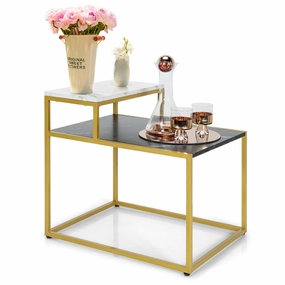 Giantex End Table, Nightstand w/Storage Shelf, 2-Tier Side Table w/Metal Frame throw pillow, fuzzy blanket
