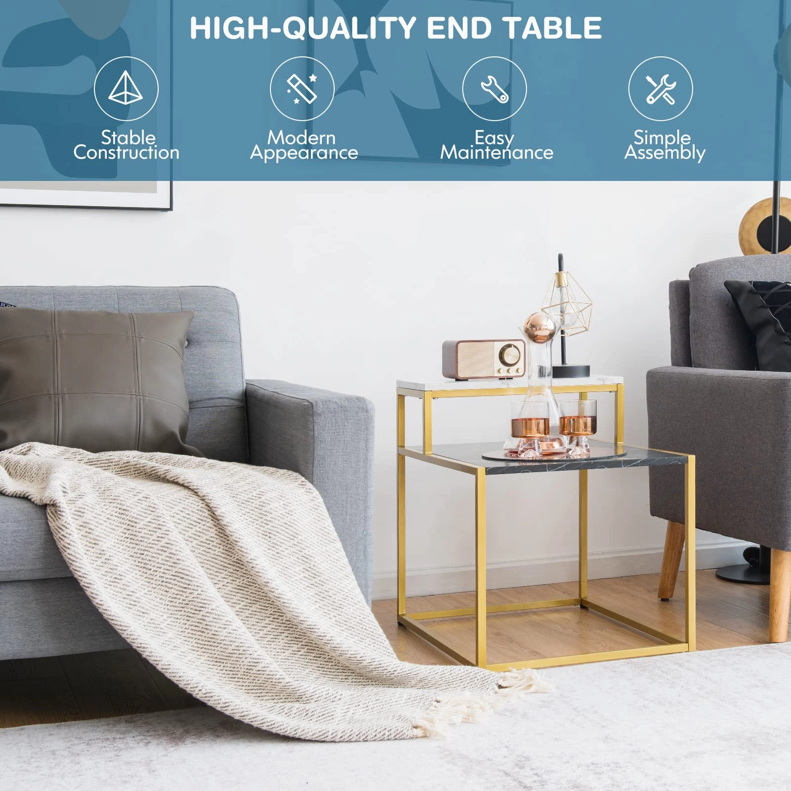 Giantex End Table, Nightstand w/Storage Shelf, 2-Tier Side Table w/Metal Frame
