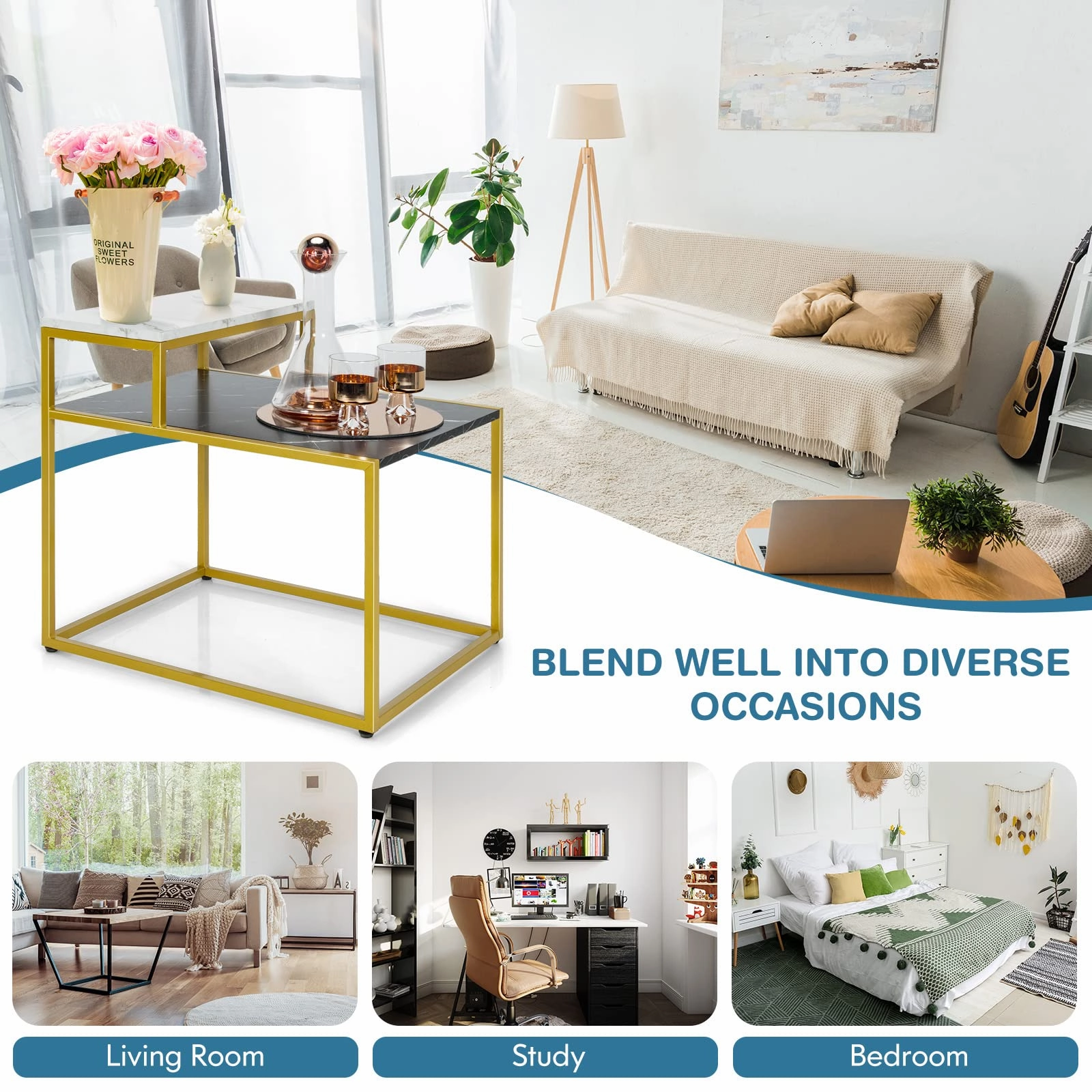 Giantex End Table, Nightstand w/Storage Shelf, 2-Tier Side Table w/Metal Frame