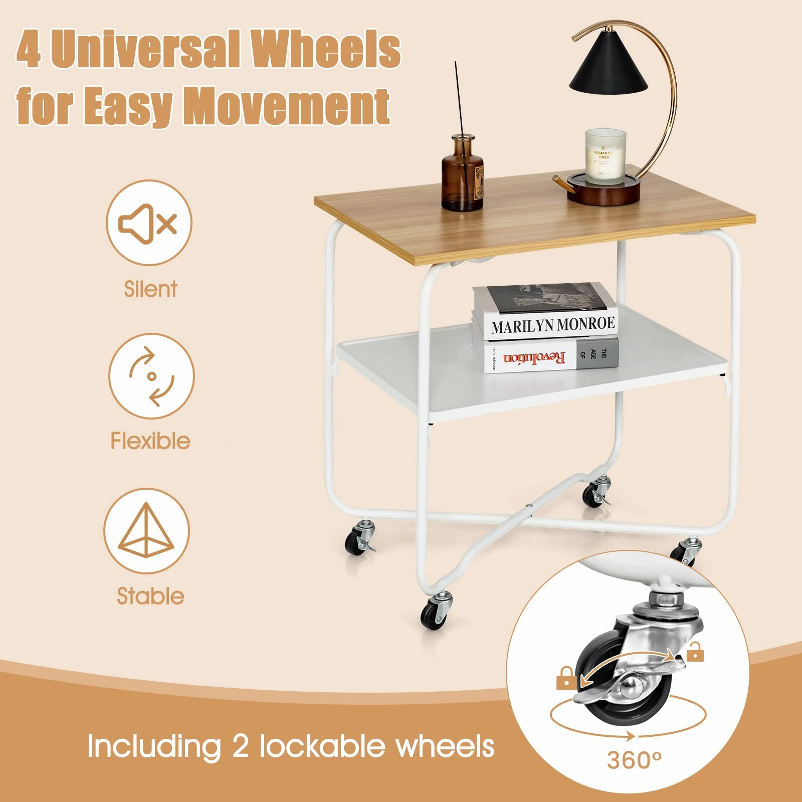 Giantex End Table on Wheels, 2-Tier Rolling Storage Cart, Easy Assembly Folding Metal Frame
