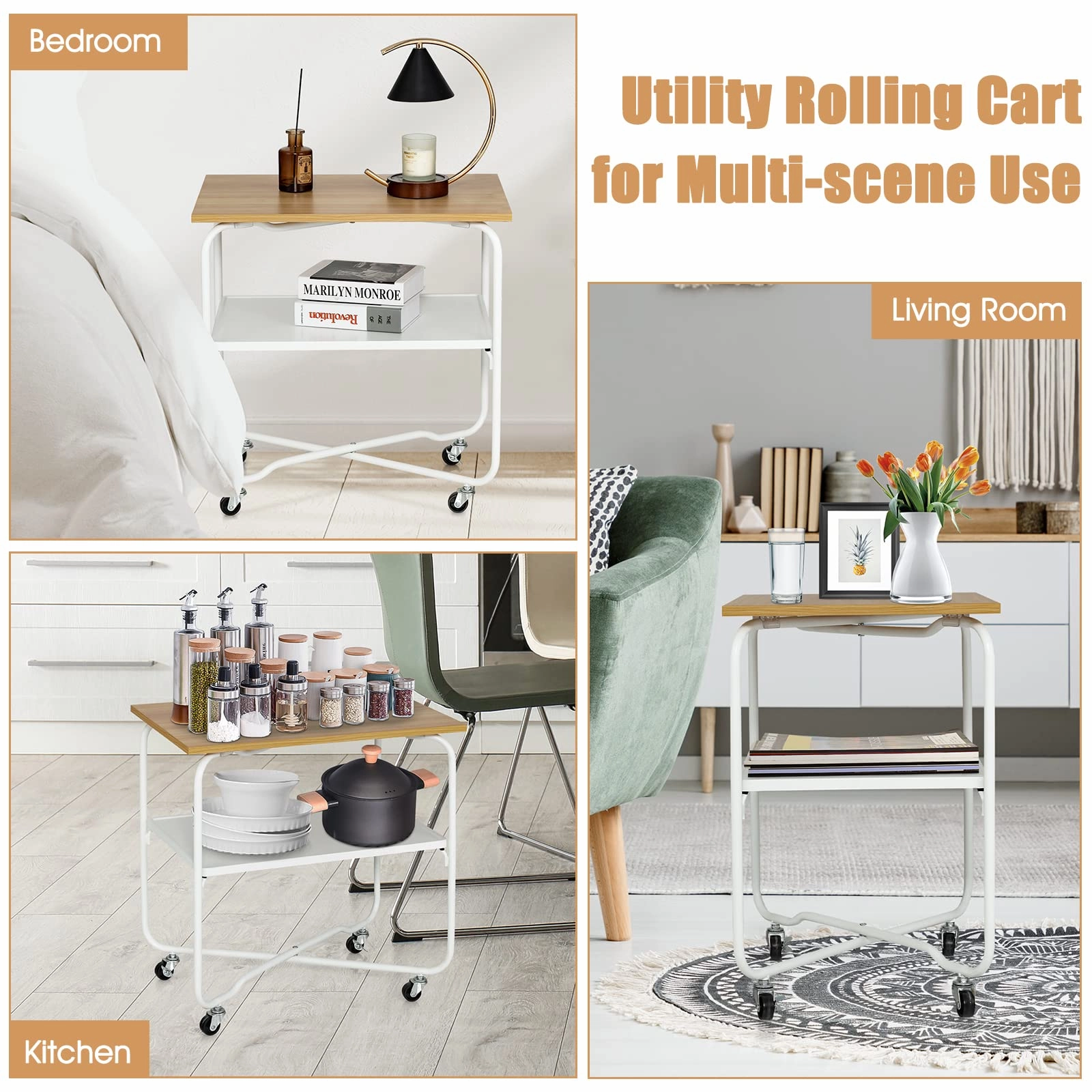 Giantex End Table on Wheels, 2-Tier Rolling Storage Cart, Easy Assembly Folding Metal Frame
