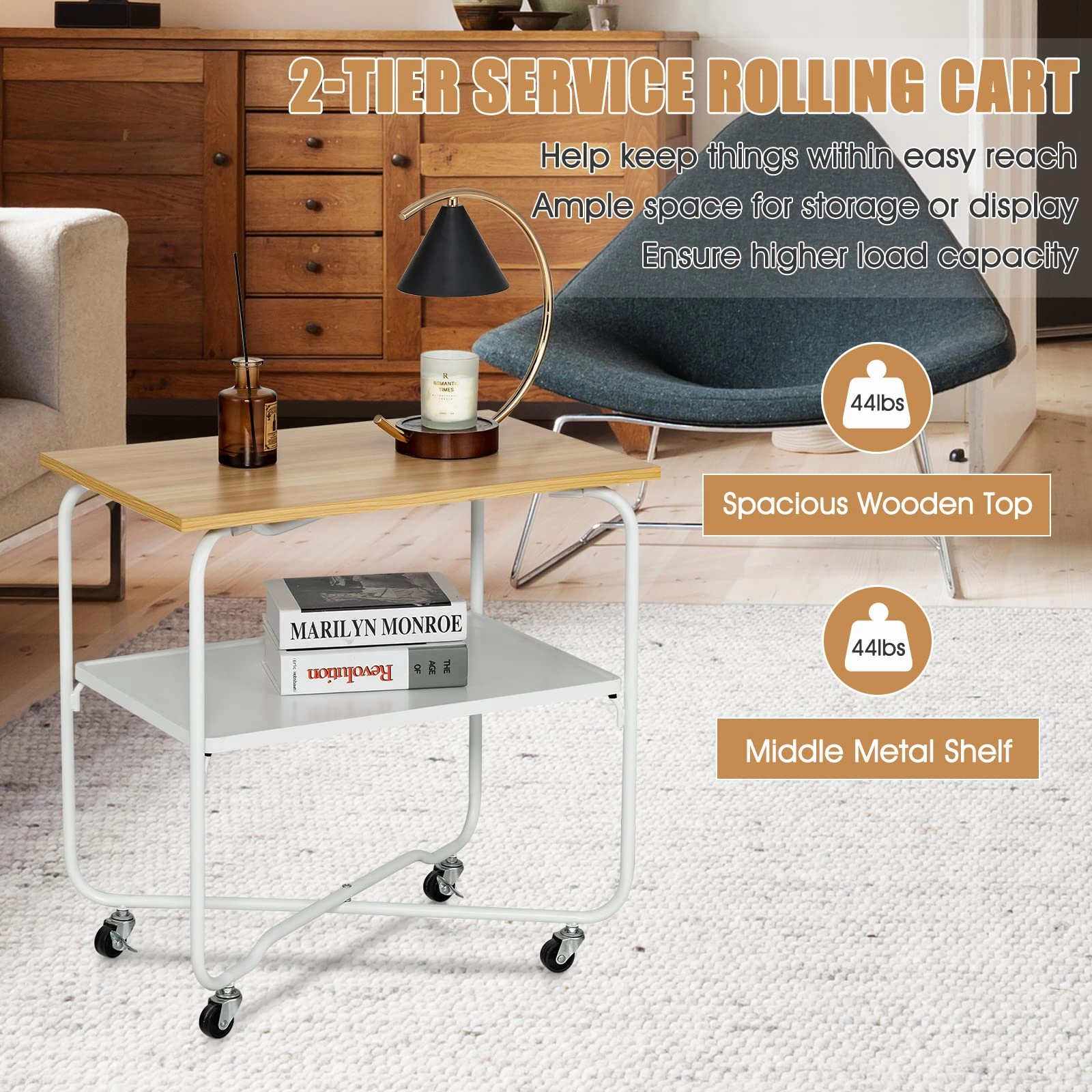 Giantex End Table on Wheels, 2-Tier Rolling Storage Cart, Easy Assembly Folding Metal Frame