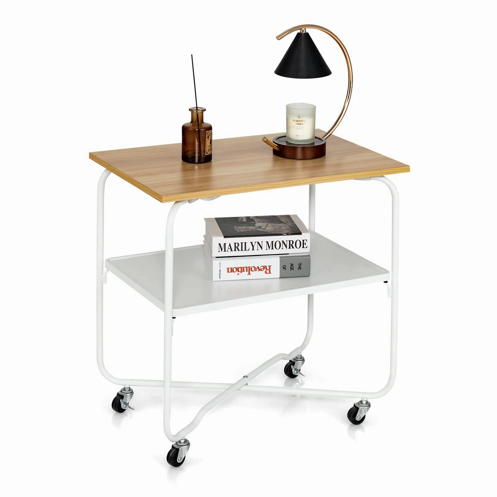 Giantex End Table on Wheels, 2-Tier Rolling Storage Cart, Easy Assembly Folding Metal Frame