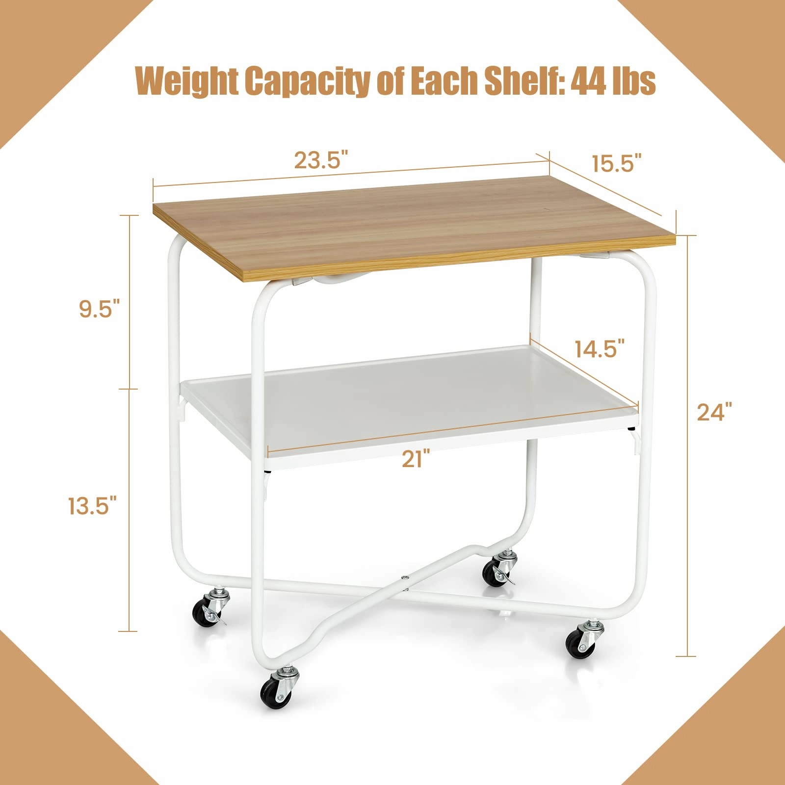 Giantex End Table on Wheels, 2-Tier Rolling Storage Cart, Easy Assembly Folding Metal Frame