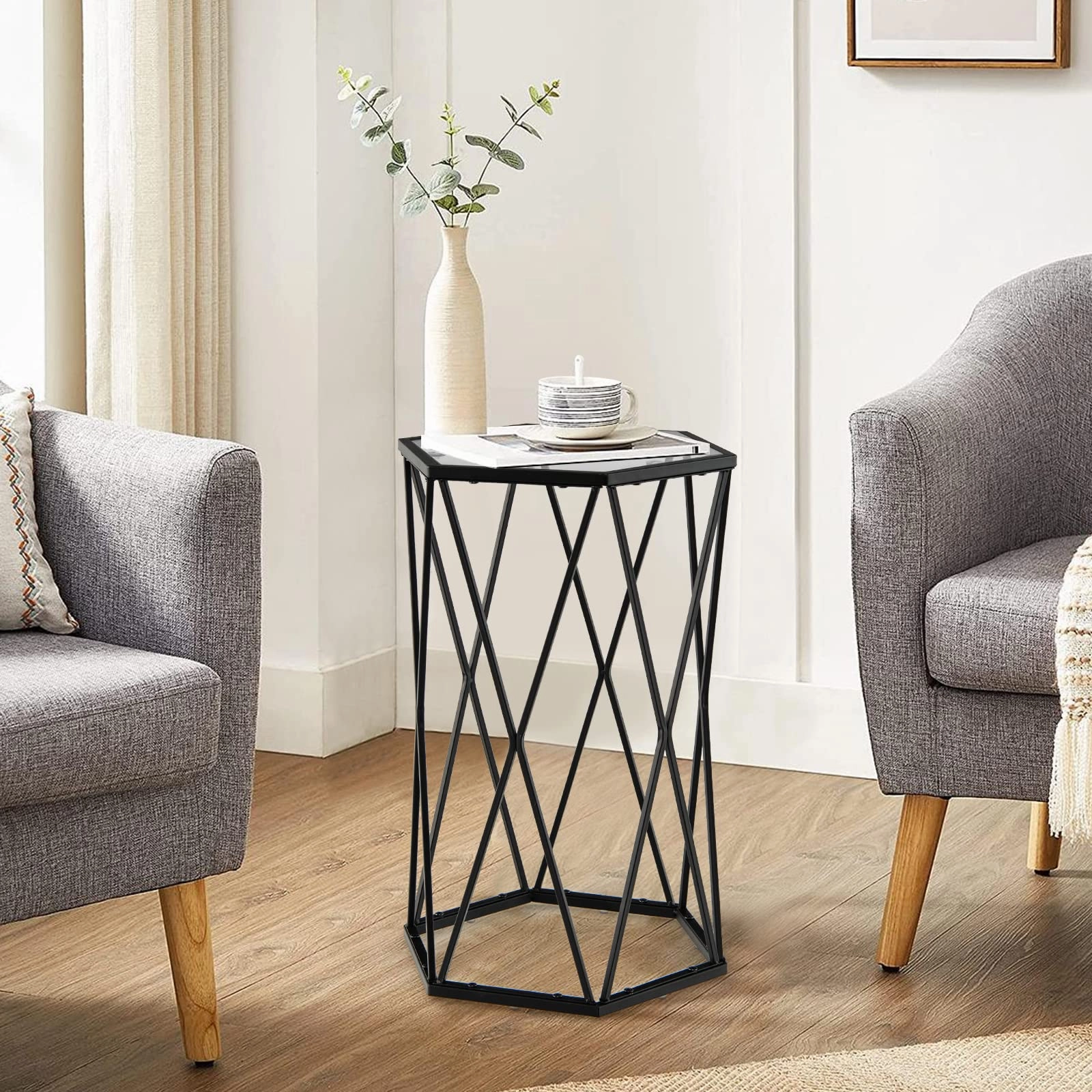 Giantex End Table w/Glass Top, Metal Frame, Small Coffee Accent Table for Small Space( 16" x 13.5" x 24")