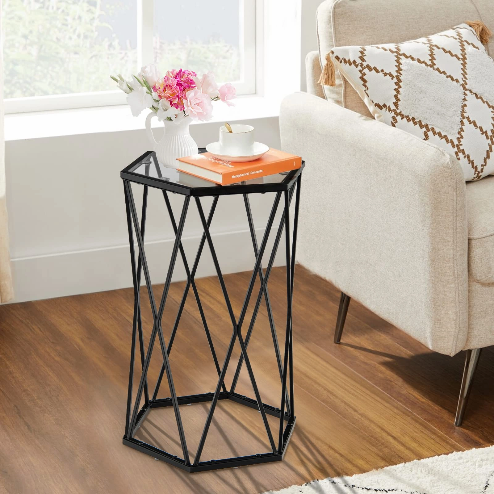 Giantex End Table w/Glass Top, Metal Frame, Small Coffee Accent Table for Small Space( 16" x 13.5" x 24")