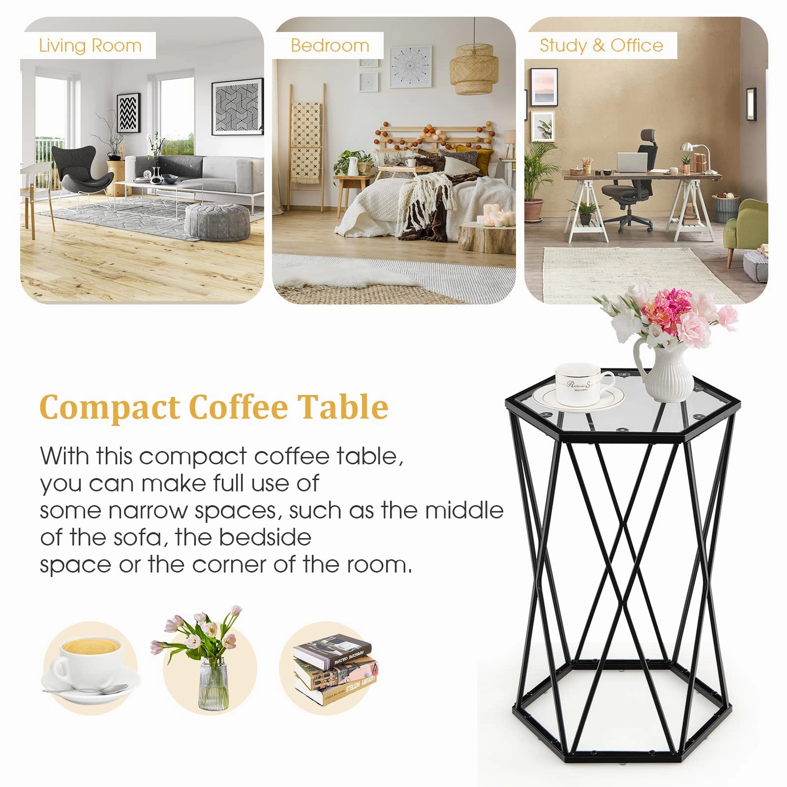 Giantex End Table w/Glass Top, Metal Frame, Small Coffee Accent Table for Small Space( 16" x 13.5" x 24")