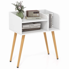 Giantex End Table with Open Storage Shelves, Mid Century Modern Side Table with Metal Legs throw pillow, fuzzy blanket