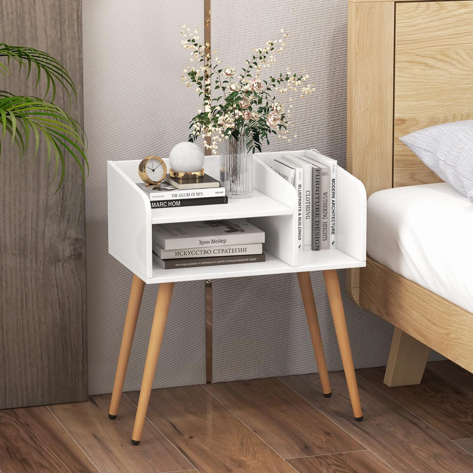 Giantex End Table with Open Storage Shelves, Mid Century Modern Side Table with Metal Legs