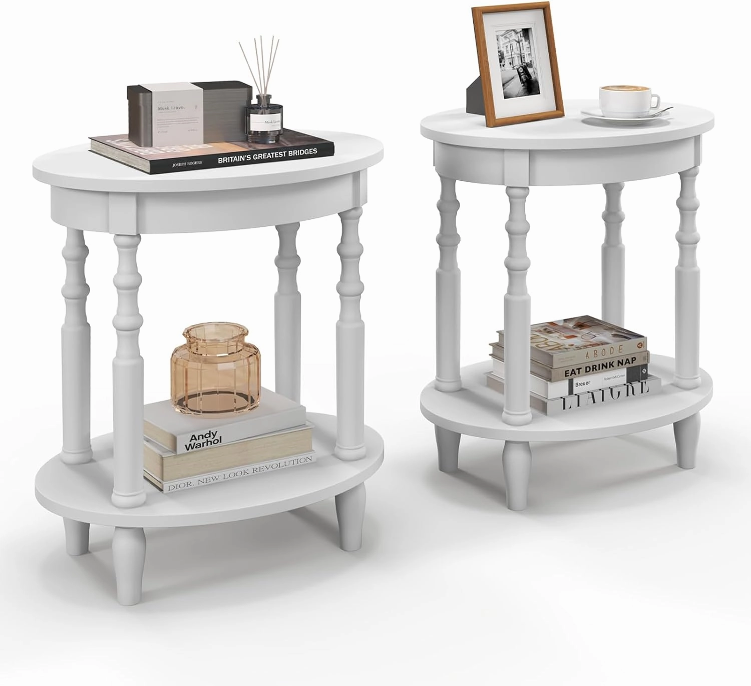 Giantex End Table with Storage Shelf Set of 2, 24.5" Oval Round Side Table with Solid Wood Legs