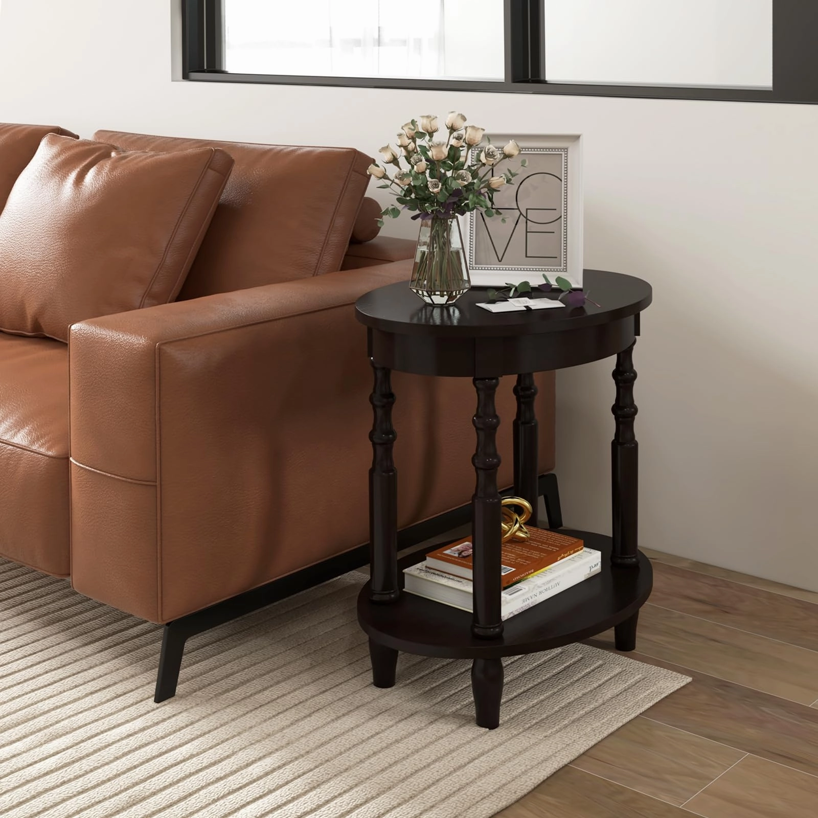 Giantex End Table with Storage Shelf Set of 2, 24.5" Oval Round Side Table with Solid Wood Legs