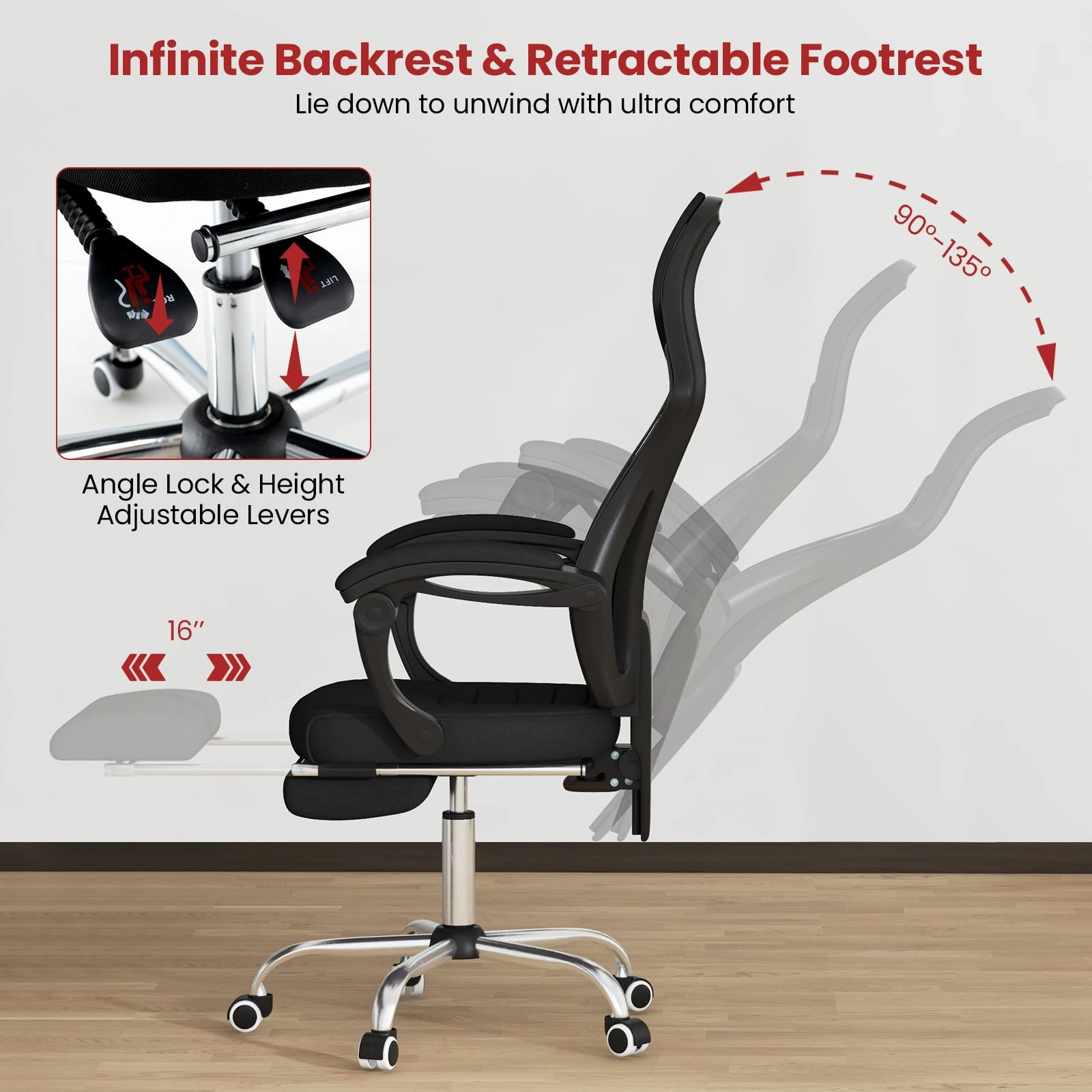 Giantex Ergonomic Desk Chair with Footrest, Mesh Office Chair with Height-Adjustable & Tilting Backrest