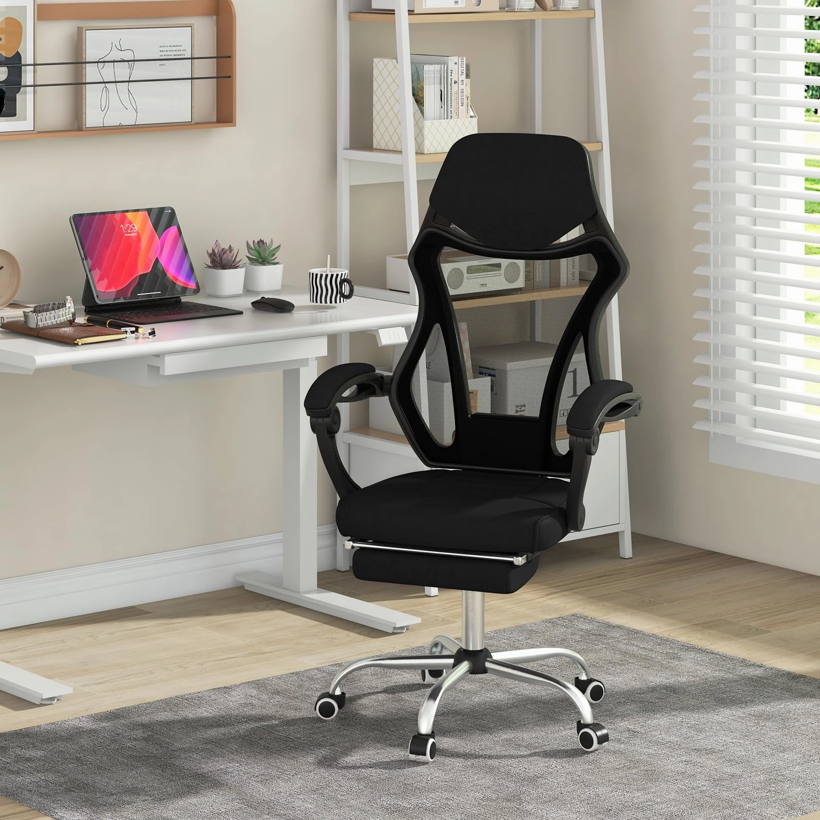 Giantex Ergonomic Desk Chair with Footrest, Mesh Office Chair with Height-Adjustable & Tilting Backrest