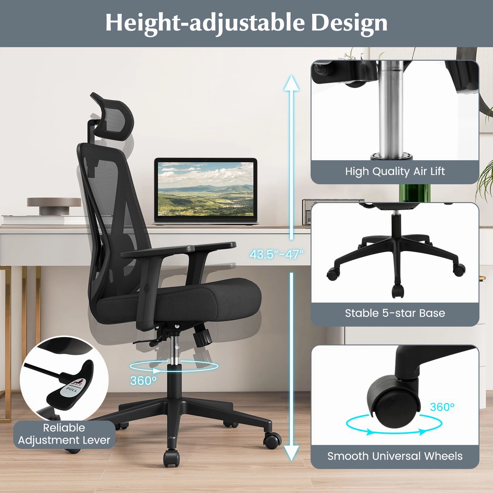 Giantex Ergonomic Mesh Office Chair, Height Adjustable Swivel Task Chair with Reclining Backrest, Adjustable Lumbar Support