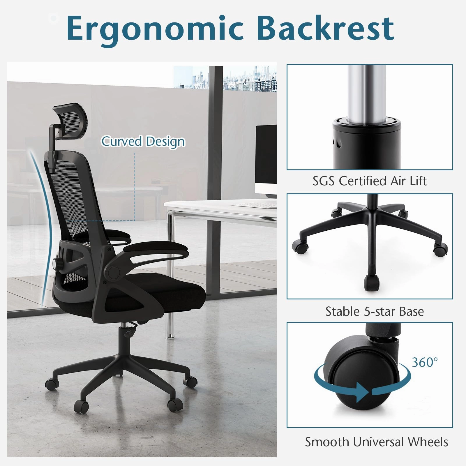 Giantex Ergonomic Mesh Office Chair, High Back Desk Chair with Adjustable Headrest, Lumbar Support