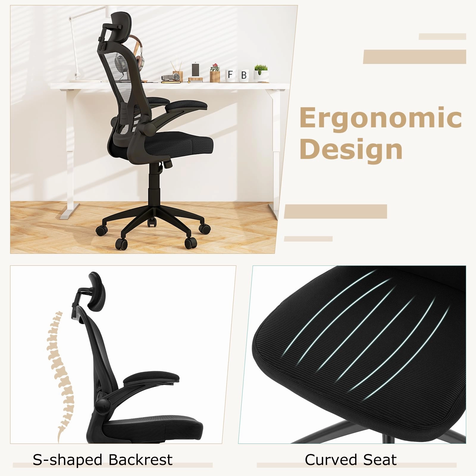 Giantex Ergonomic Mesh Office Chair, Home Office Desk Chair with Adjustable Headrest and Lumbar Support