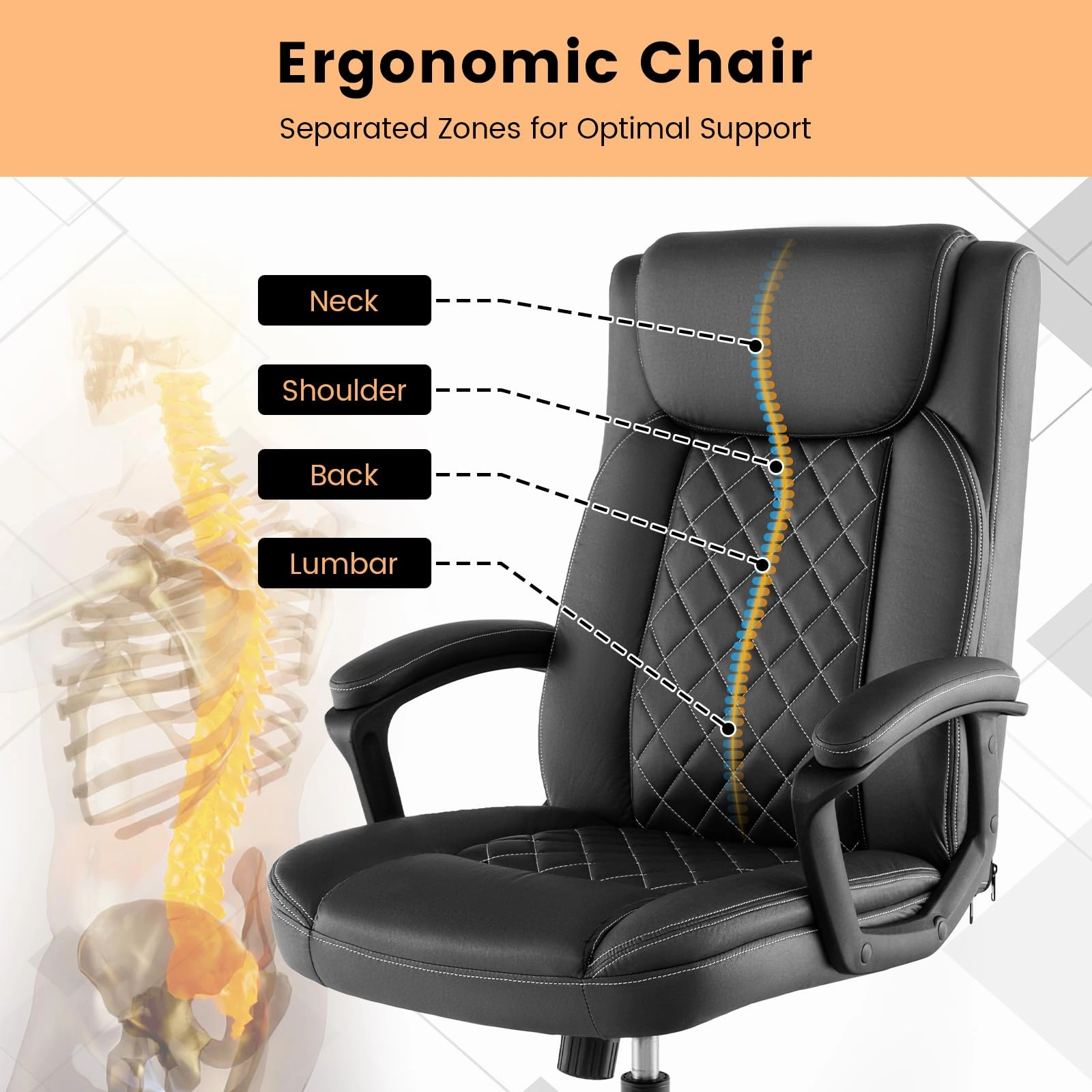 Giantex Executive Office Chair, Leather Like Desk Chair with Thick Headrest Cushion & Padded Armrests, Black