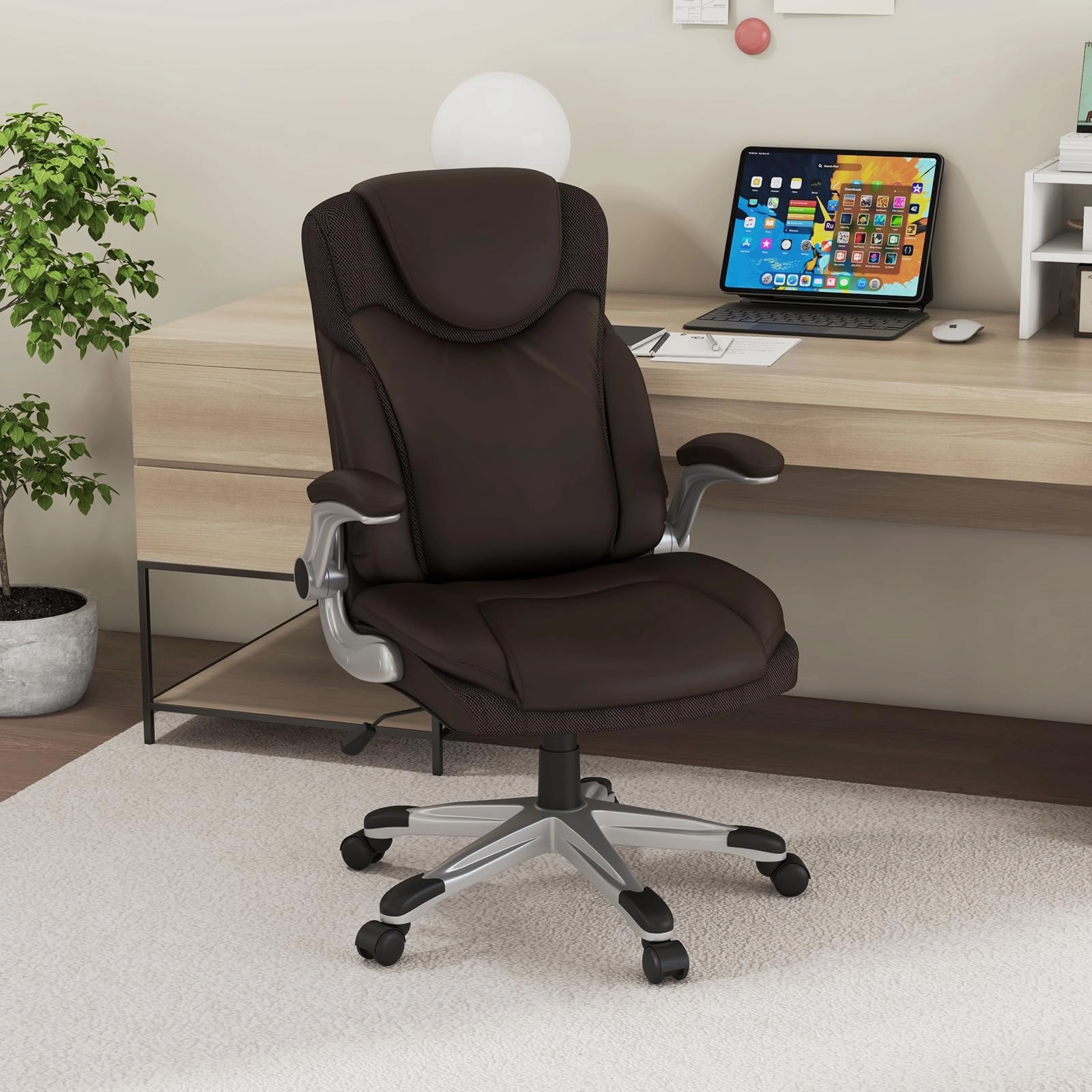 Giantex Executive Office Chair, PU Leather Ergonomic Desk Chair with Flip-up Armrests and Height Adjustable