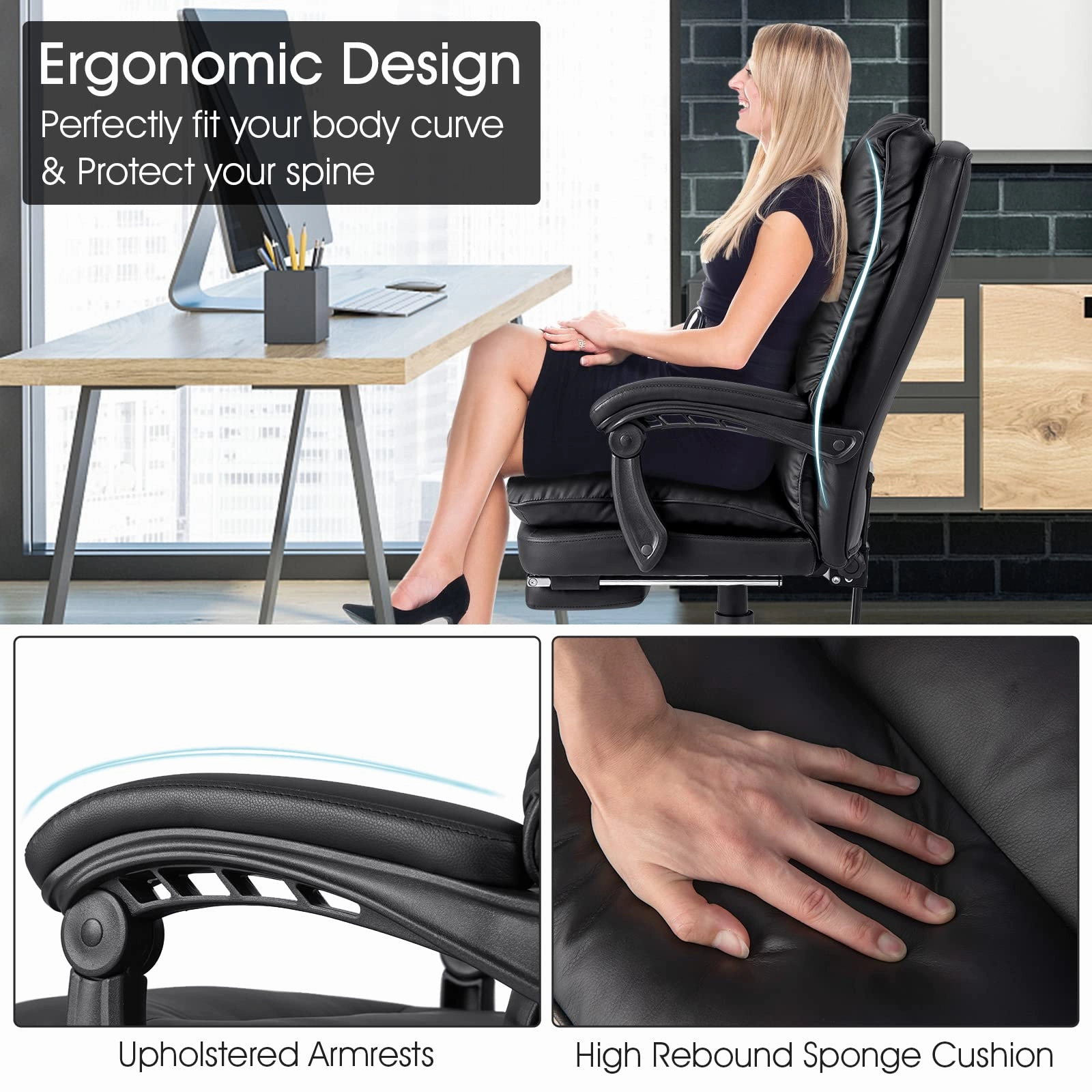 Giantex Executive Office Chair, PU Leather Reclining Chair with Retractable Footrest & Padded Armrests (Black)
