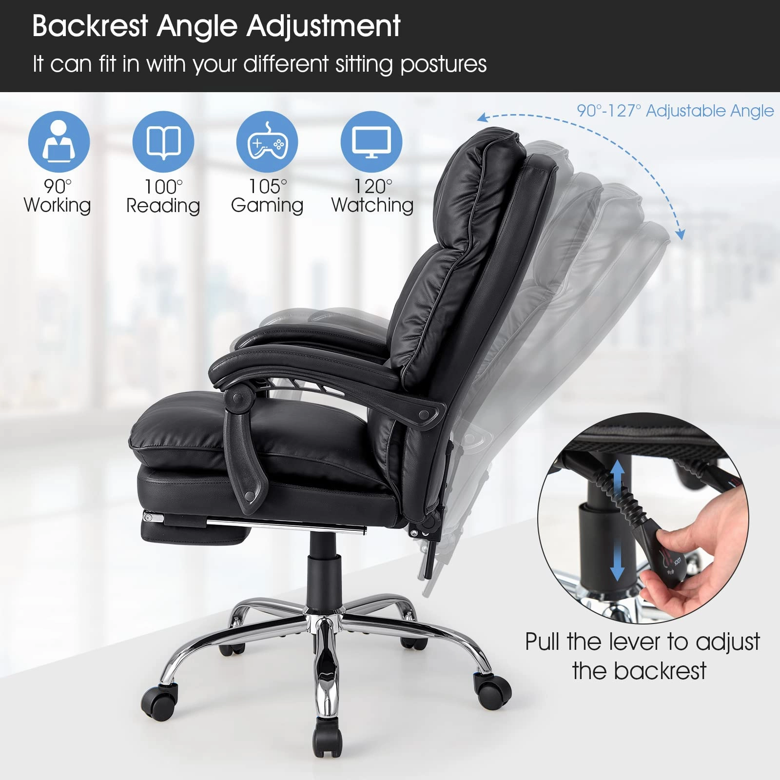 Giantex Executive Office Chair, PU Leather Reclining Chair with Retractable Footrest & Padded Armrests (Black)