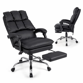Giantex Executive Office Chair, PU Leather Reclining Chair with Retractable Footrest & Padded Armrests (Black) office supplies, stationery