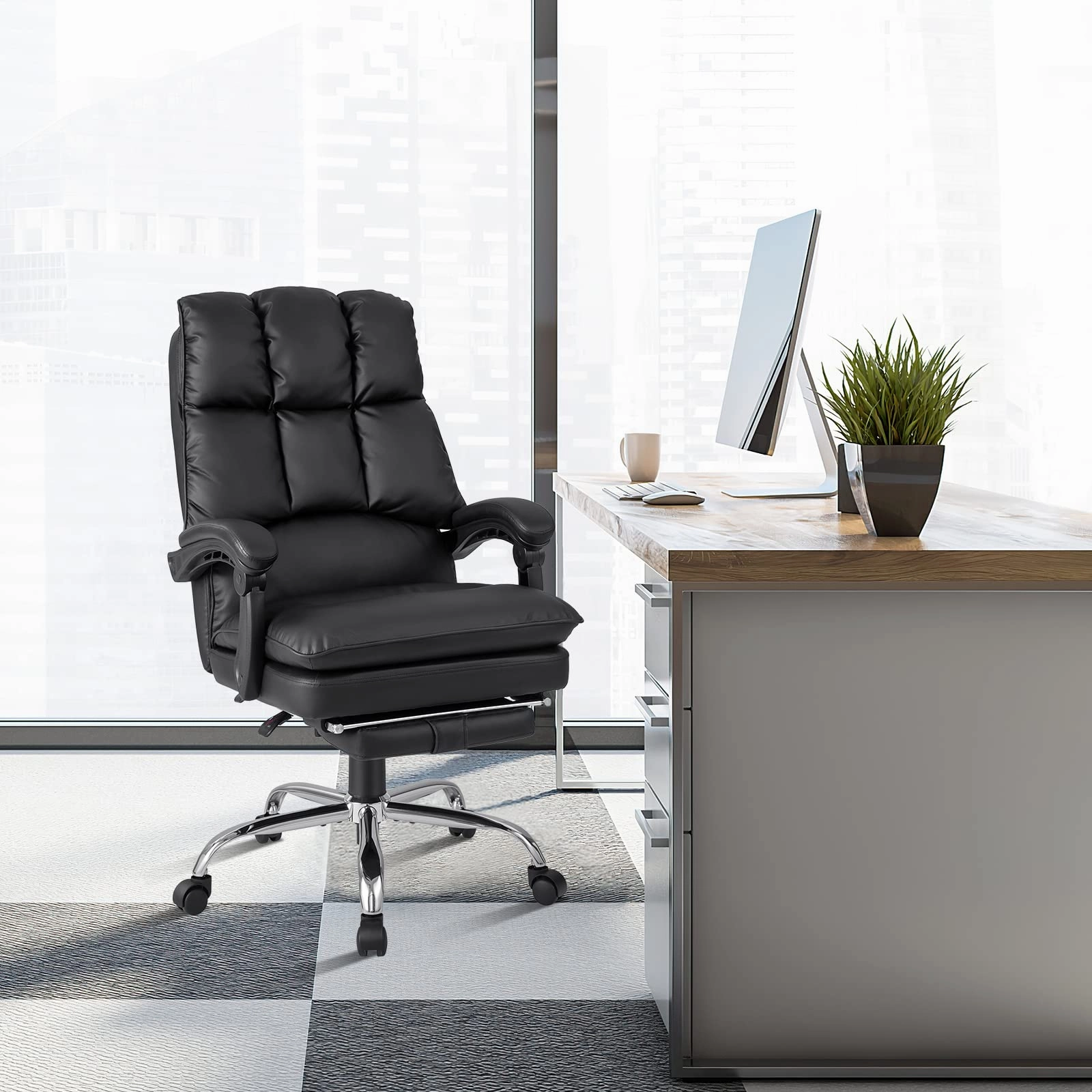 Giantex Executive Office Chair, PU Leather Reclining Chair with Retractable Footrest & Padded Armrests (Black)