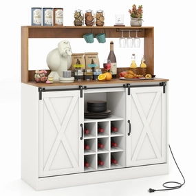 Giantex Farmhouse Buffet Cabinet with Hutch, Charging Station, 9 Bottle Wine Rack, Cup Glass Holder kitchen towel, placemats