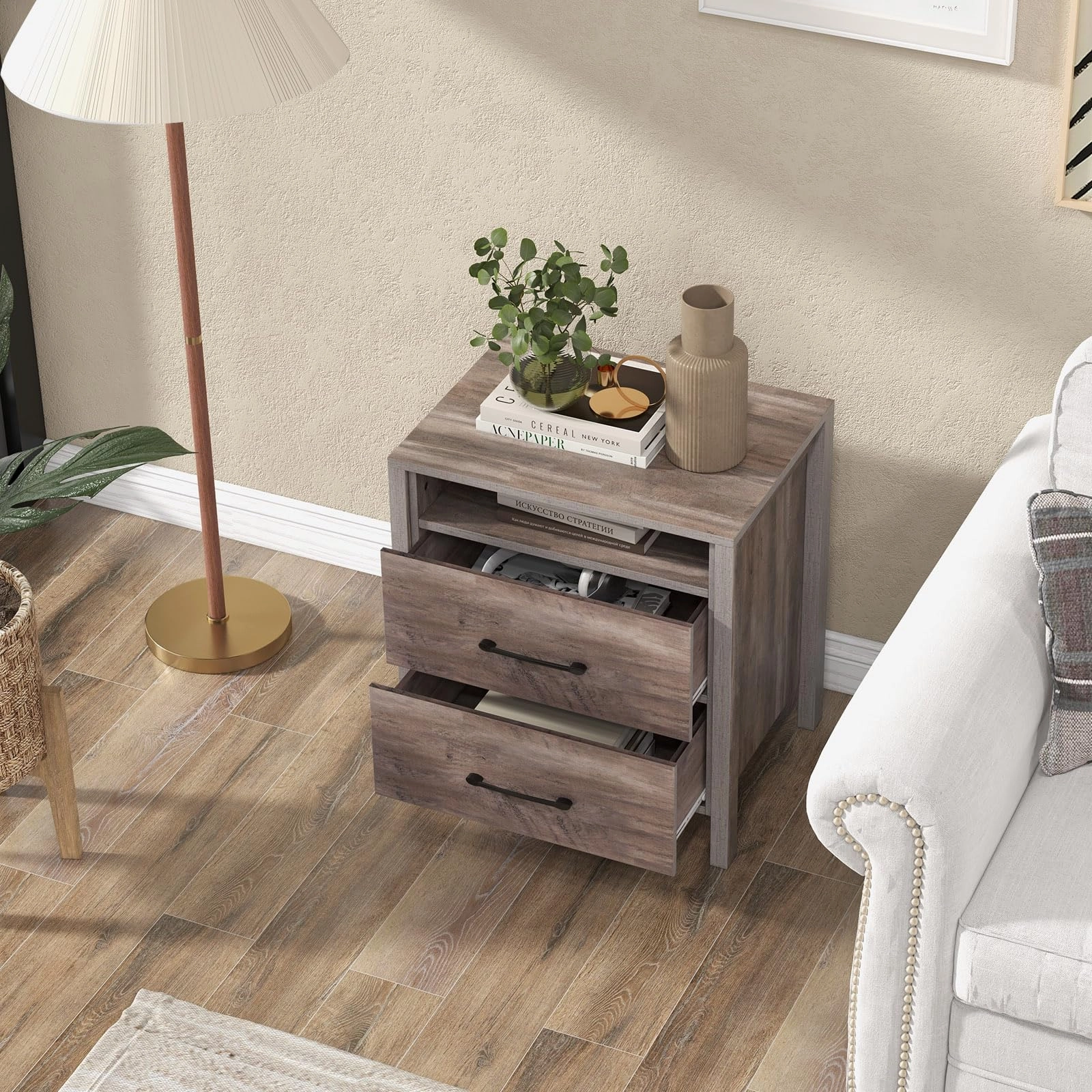 Giantex Farmhouse Nightstand, Rustic Wood Bedside Table