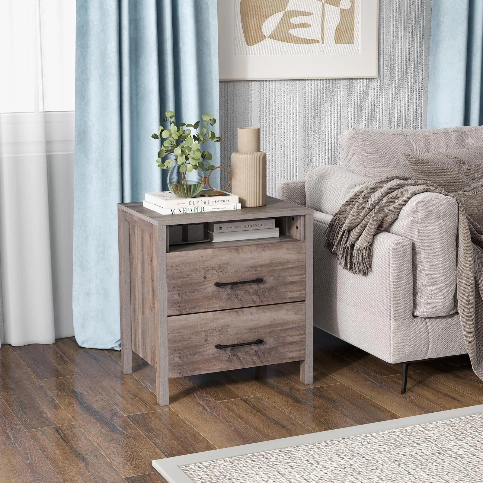 Giantex Farmhouse Nightstand, Rustic Wood Bedside Table