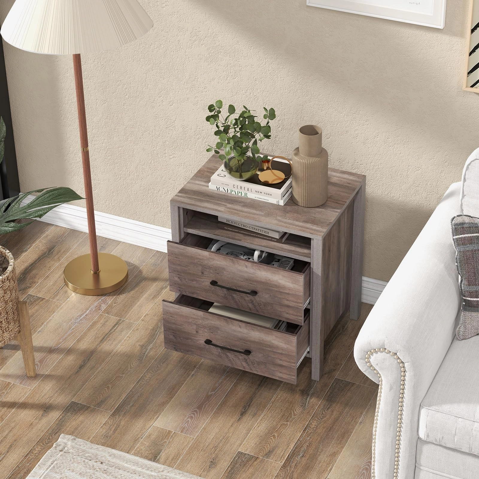 Giantex Farmhouse Nightstand, Rustic Wood Bedside Table
