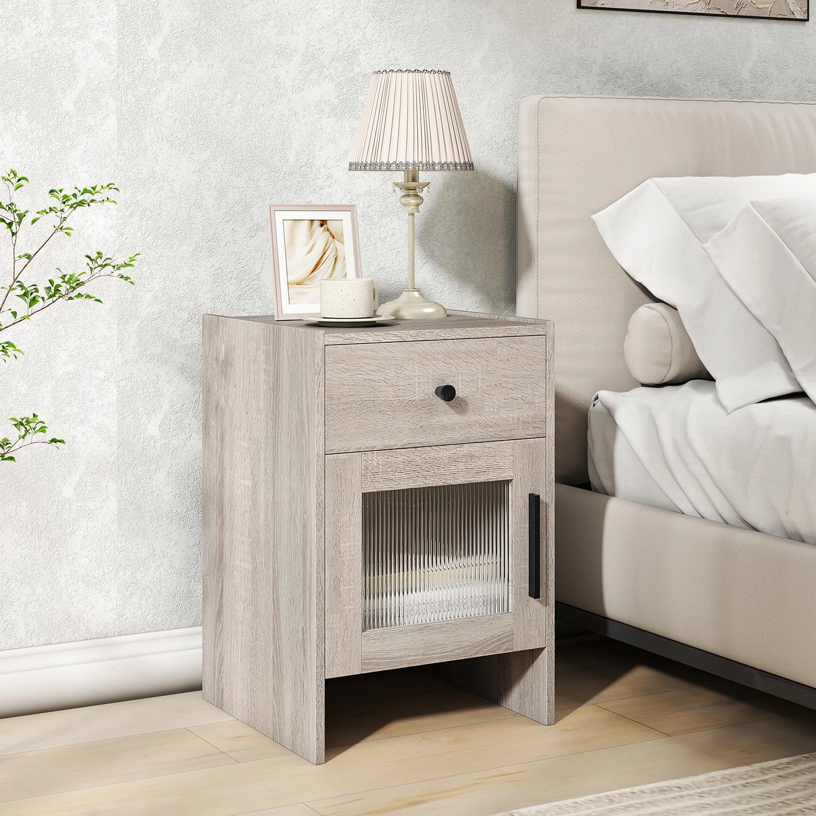 Giantex Farmhouse Nightstand with Drawer and Cabinet