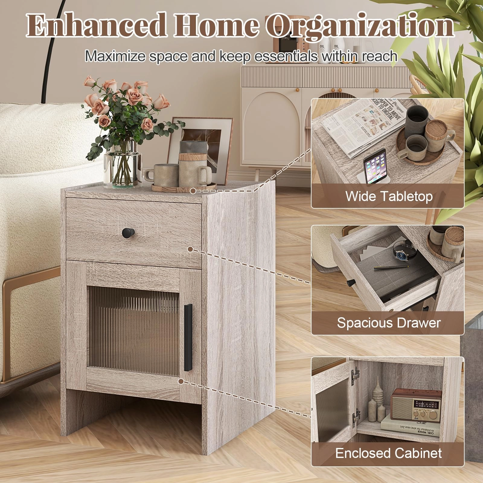 Giantex Farmhouse Nightstand with Drawer and Cabinet