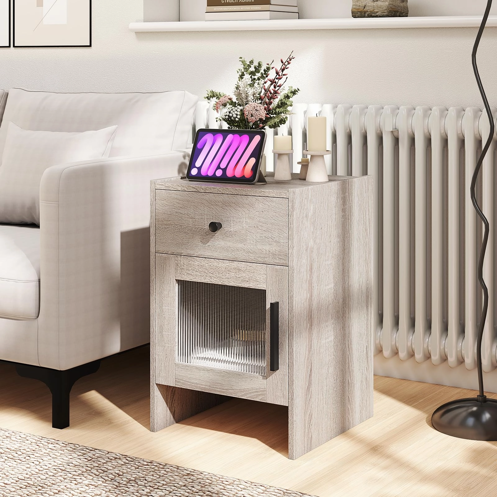 Giantex Farmhouse Nightstand with Drawer and Cabinet