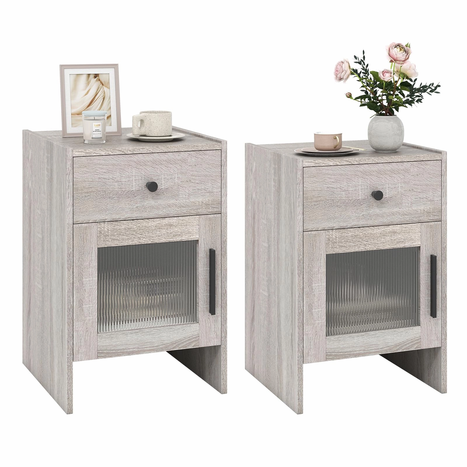 Giantex Farmhouse Nightstand with Drawer and Cabinet
