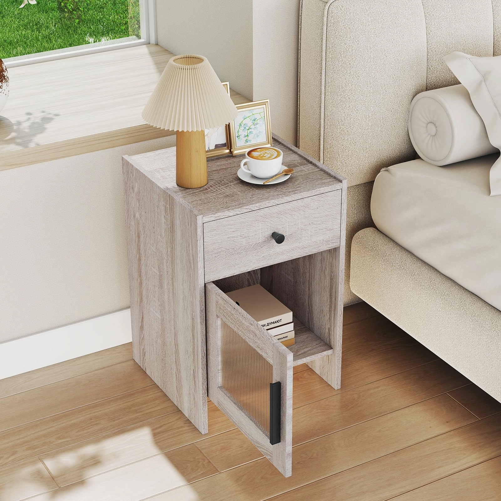 Giantex Farmhouse Nightstand with Drawer and Cabinet